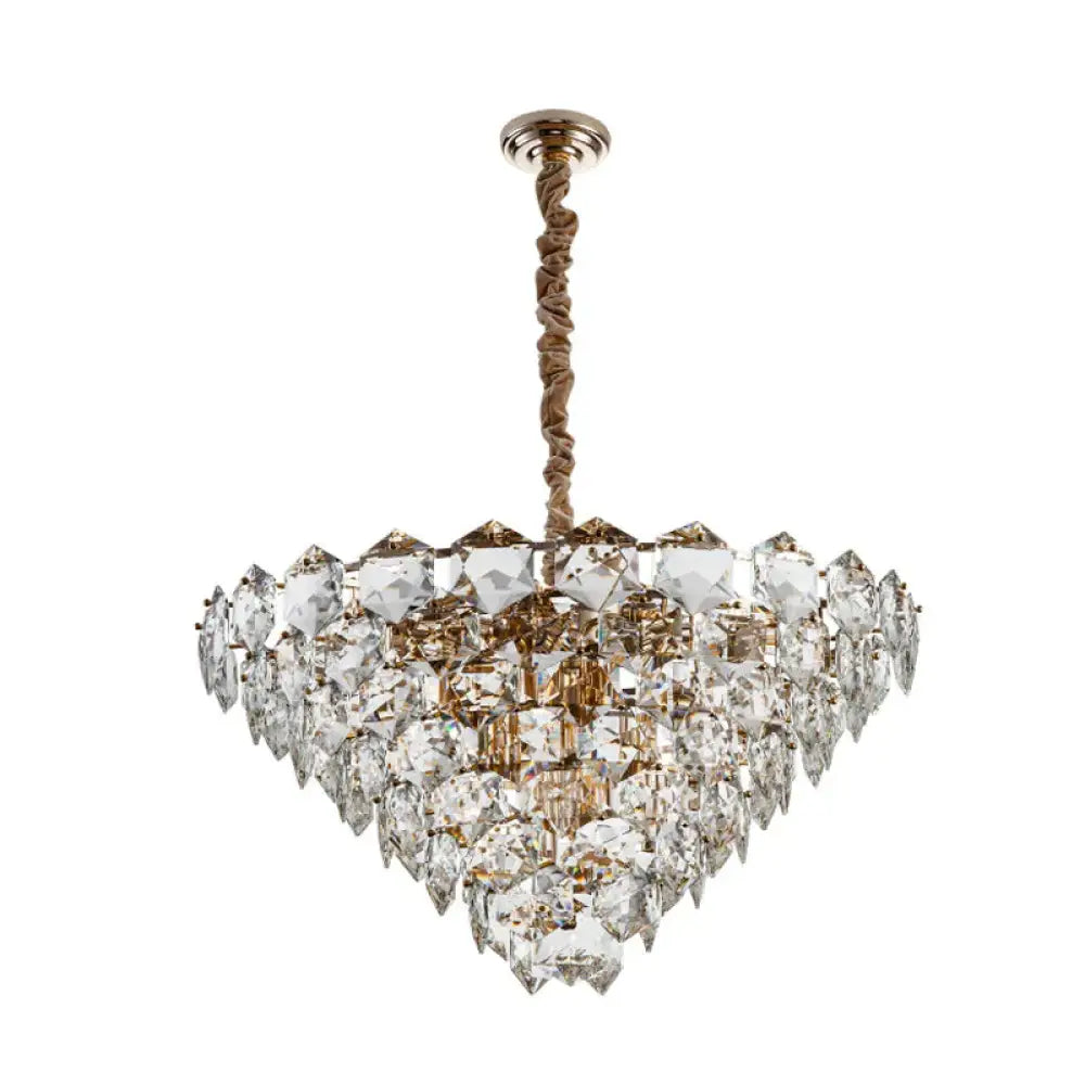 Simple Tapered Hexagon Crystal Hanging Lamp 8 Lights Chandelier Light Fixture In Gold
