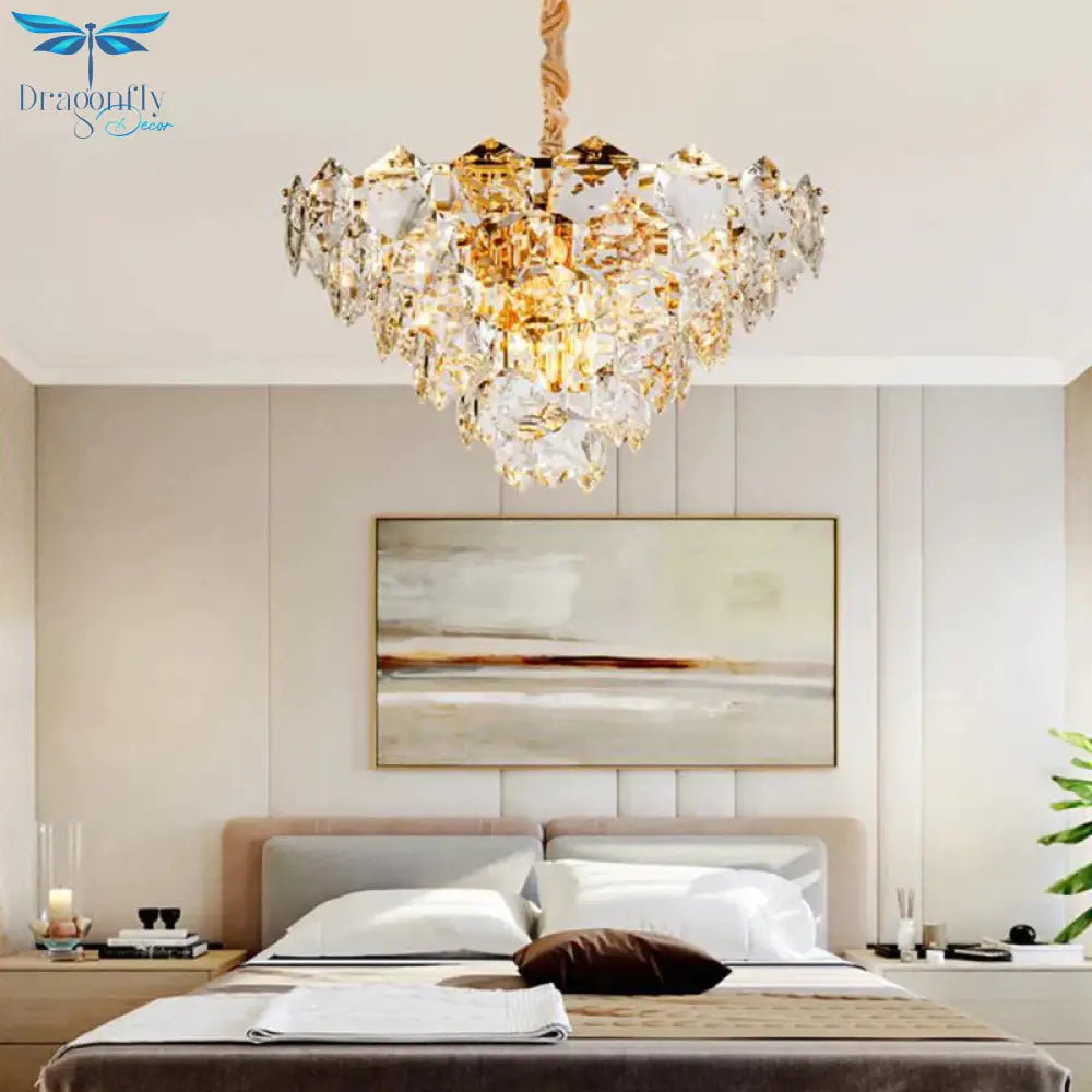Simple Tapered Hexagon Crystal Hanging Lamp 8 Lights Chandelier Light Fixture In Gold