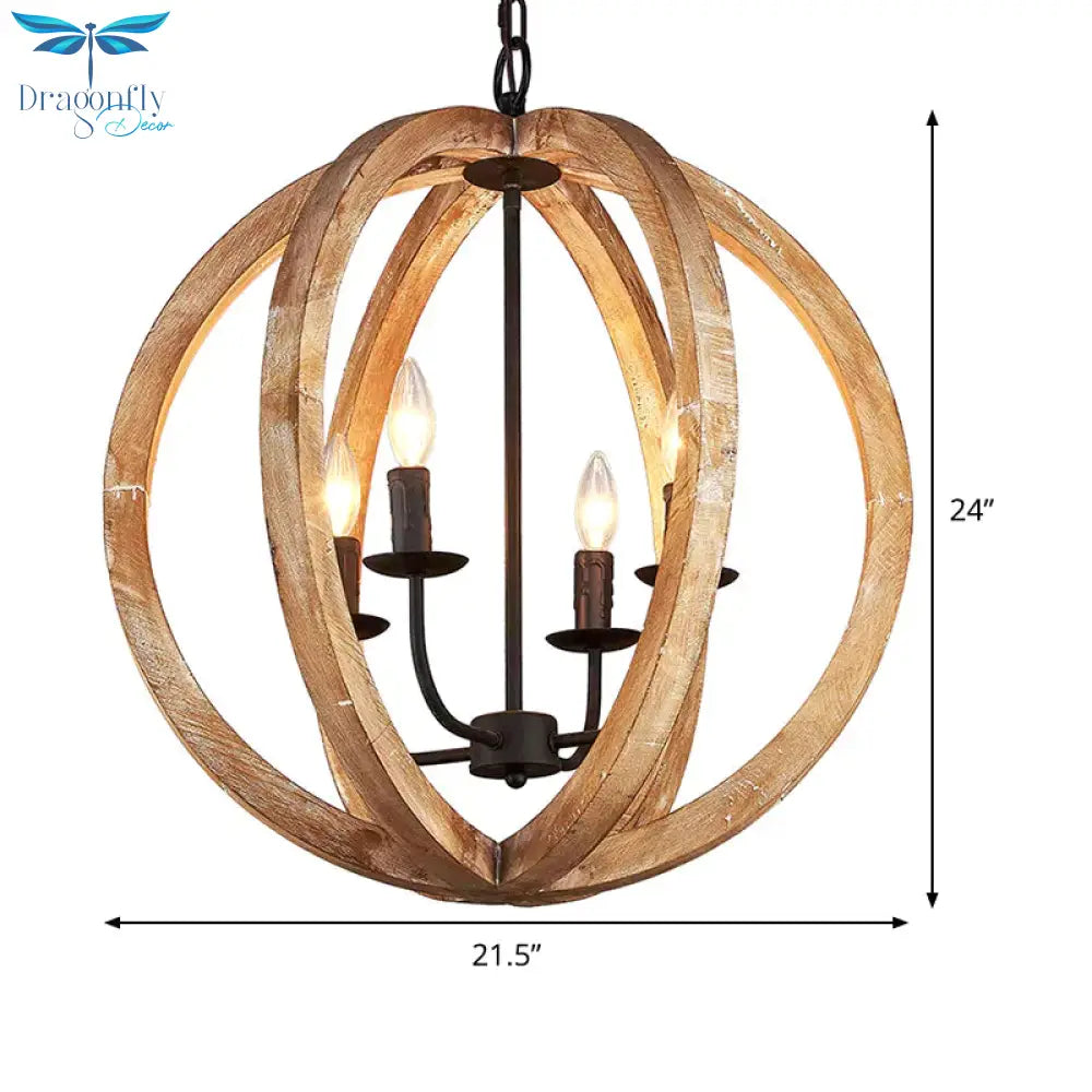 Sphere Chandelier Lamp Nordic Wood 4 Heads Beige Pendant Lighting Fixture For Restaurant