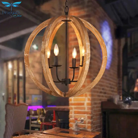 Sphere Chandelier Lamp Nordic Wood 4 Heads Beige Pendant Lighting Fixture For Restaurant