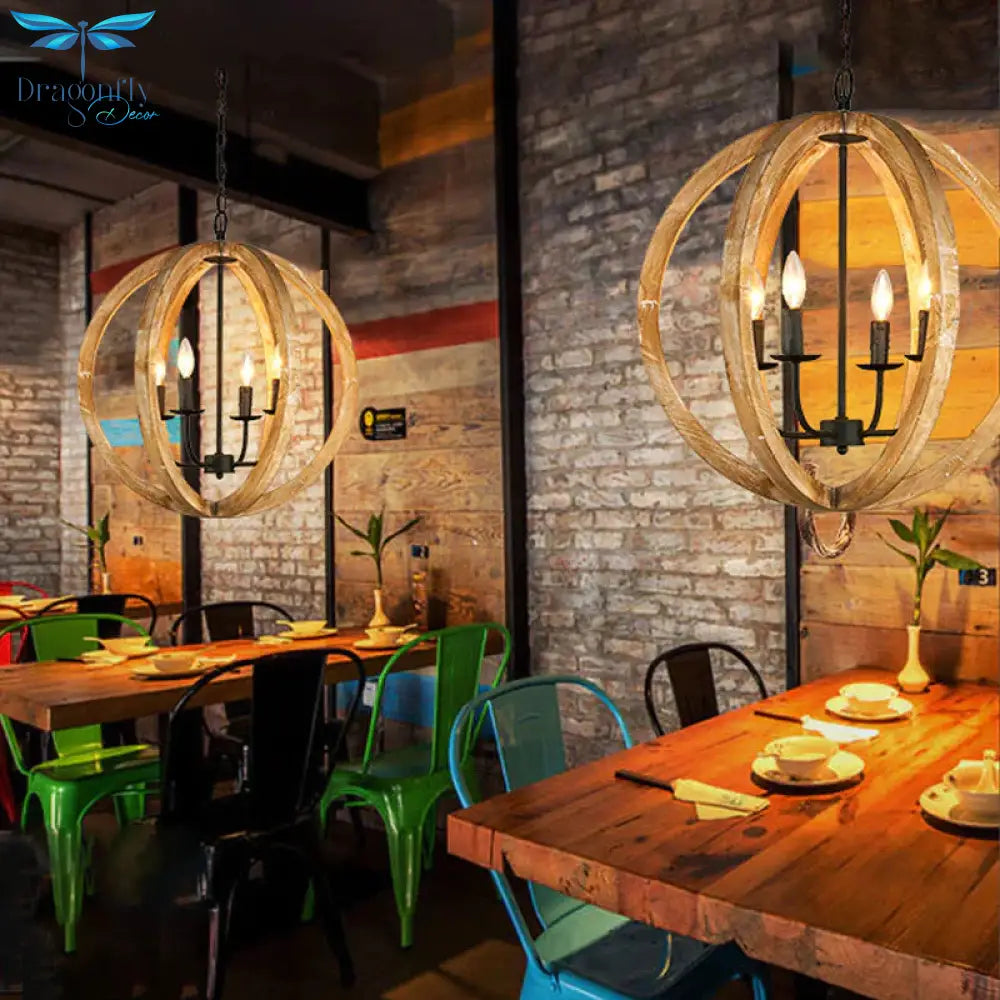 Sphere Chandelier Lamp Nordic Wood 4 Heads Beige Pendant Lighting Fixture For Restaurant