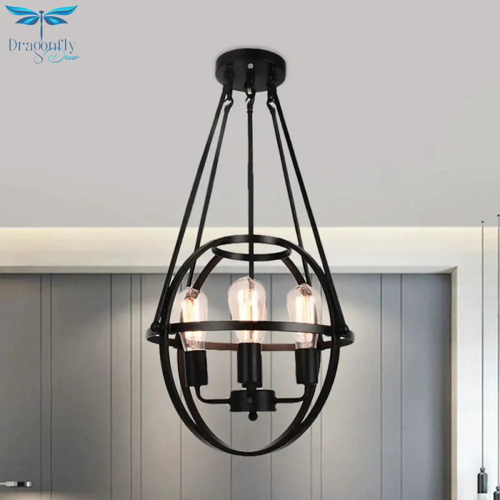 Spherical Metal Chandelier Light Traditional 3 Lights Dining Room Pendant Lighting In Black