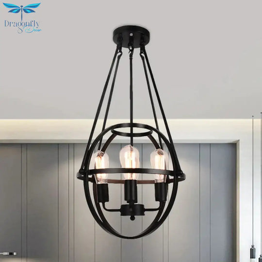 Spherical Metal Chandelier Light Traditional 3 Lights Dining Room Pendant Lighting In Black