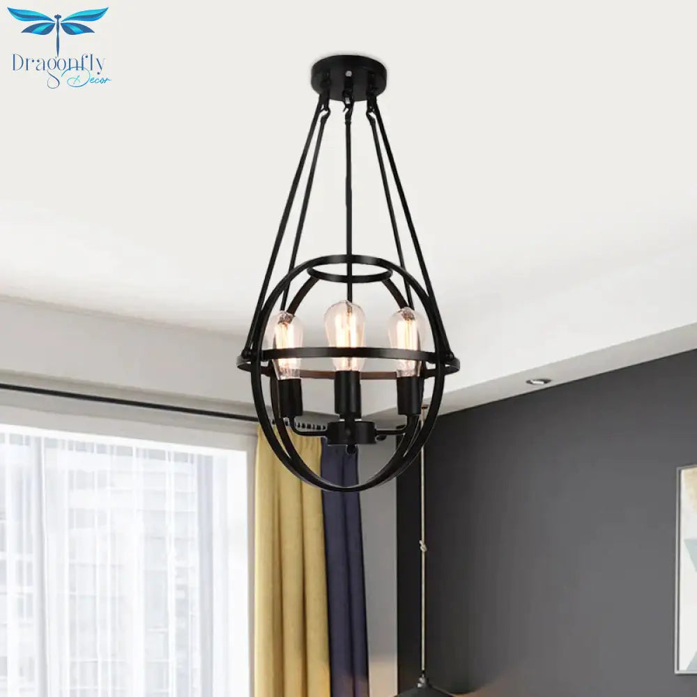 Spherical Metal Chandelier Light Traditional 3 Lights Dining Room Pendant Lighting In Black