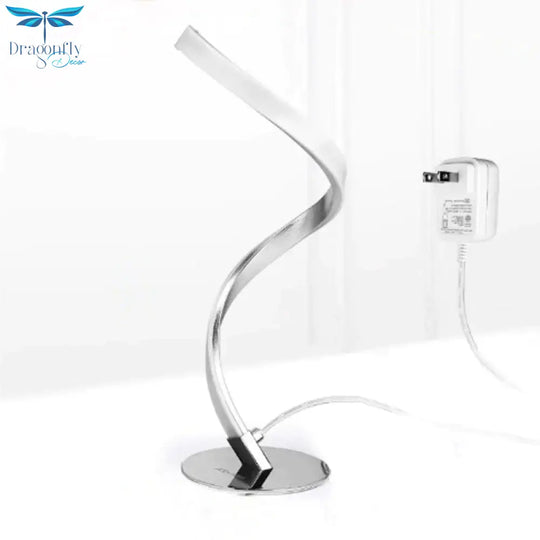 Spiral Shaped Metal Table Lighting Minimalist Single Bulb Silver Led Nightstand Lamp