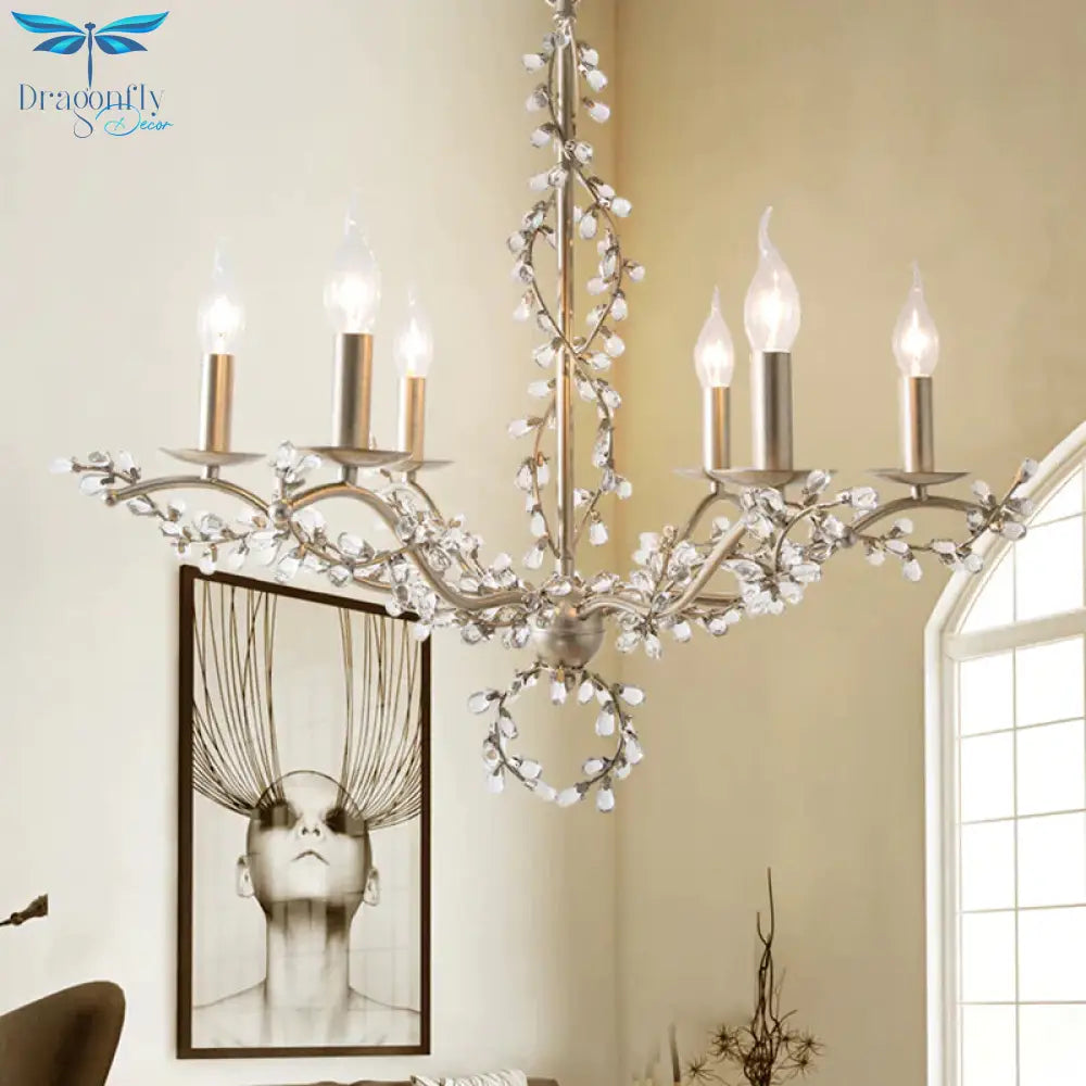Spur Chandelier Light Contemporary Metal 6 Heads Brass Hanging Lamp Kit With Crystal Leaf