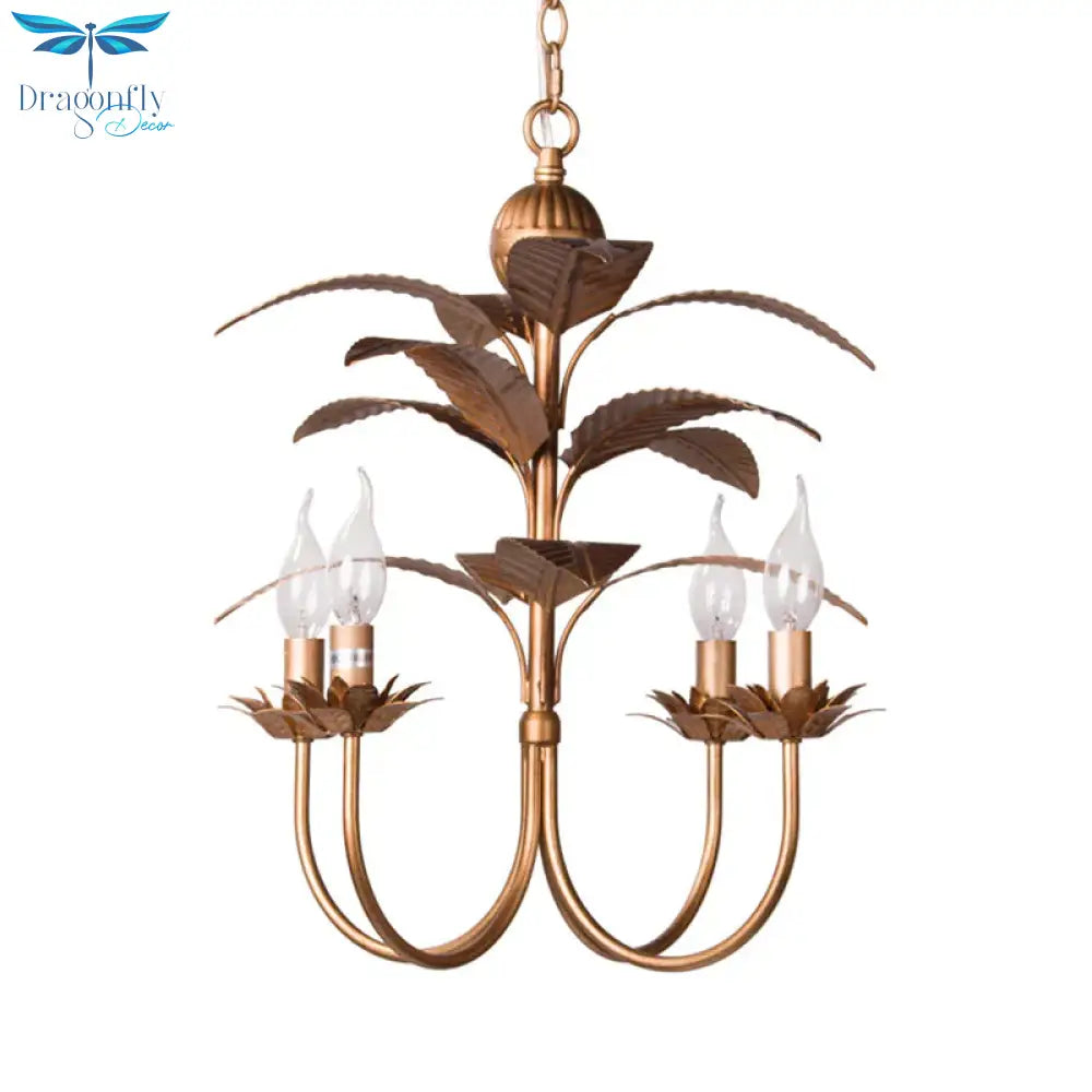 Spur Pendant Chandelier Traditional Metal 4 Bulbs Brass Hanging Ceiling Light With Leaves