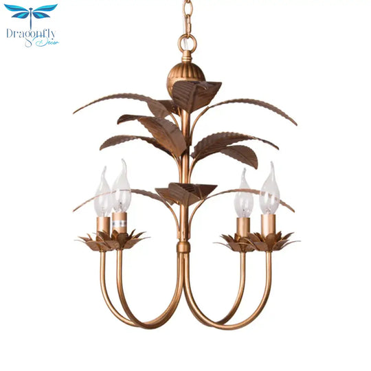 Spur Pendant Chandelier Traditional Metal 4 Bulbs Brass Hanging Ceiling Light With Leaves