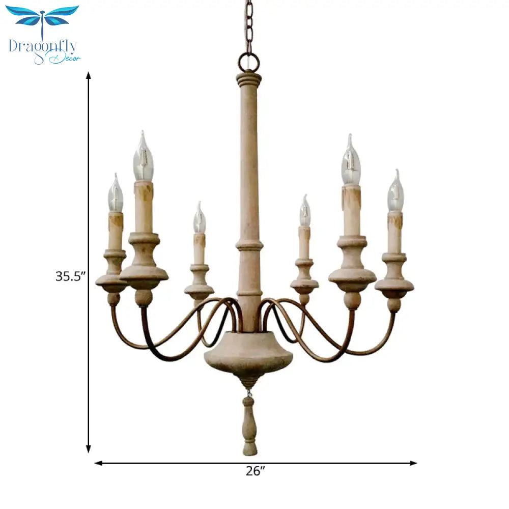 Sputnik Chandelier Lighting Retro Wood Gray - White 6 Bulbs Hanging Ceiling Light With Curved Arm