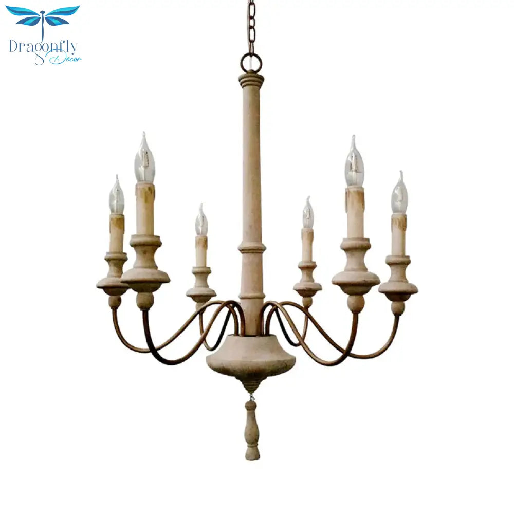 Sputnik Chandelier Lighting Retro Wood Gray - White 6 Bulbs Hanging Ceiling Light With Curved Arm