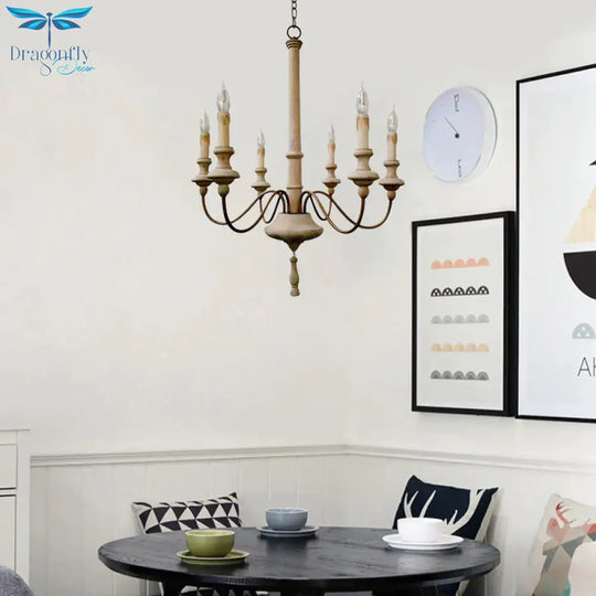 Sputnik Chandelier Lighting Retro Wood Gray - White 6 Bulbs Hanging Ceiling Light With Curved Arm