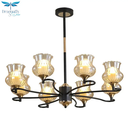 Sputnik Living Room Ceiling Chandelier Classic Tan Textured Glass 3/6/8 Lights Black Hanging Fixture