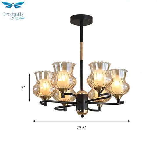 Sputnik Living Room Ceiling Chandelier Classic Tan Textured Glass 3/6/8 Lights Black Hanging Fixture