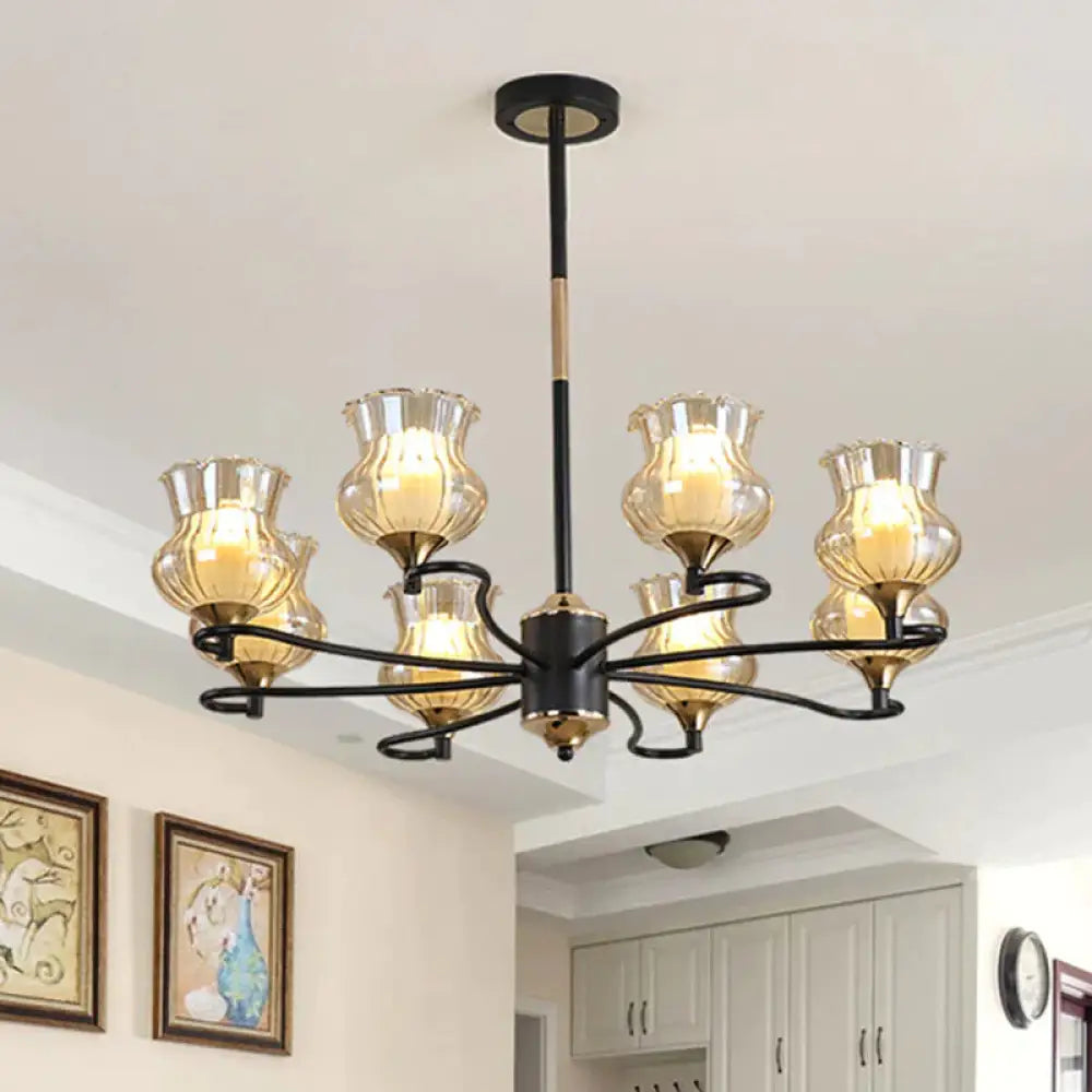 Sputnik Living Room Ceiling Chandelier Classic Tan Textured Glass 3/6/8 Lights Black Hanging