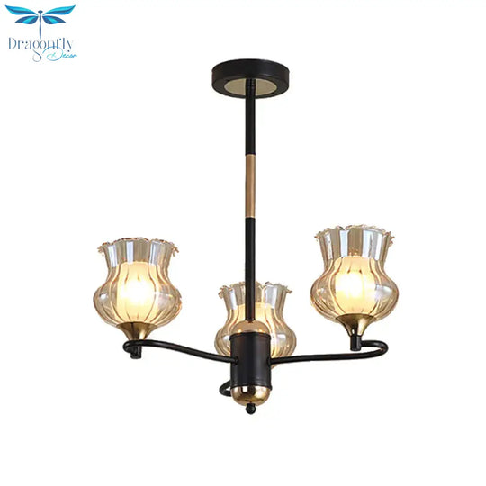 Sputnik Living Room Ceiling Chandelier Classic Tan Textured Glass 3/6/8 Lights Black Hanging Fixture