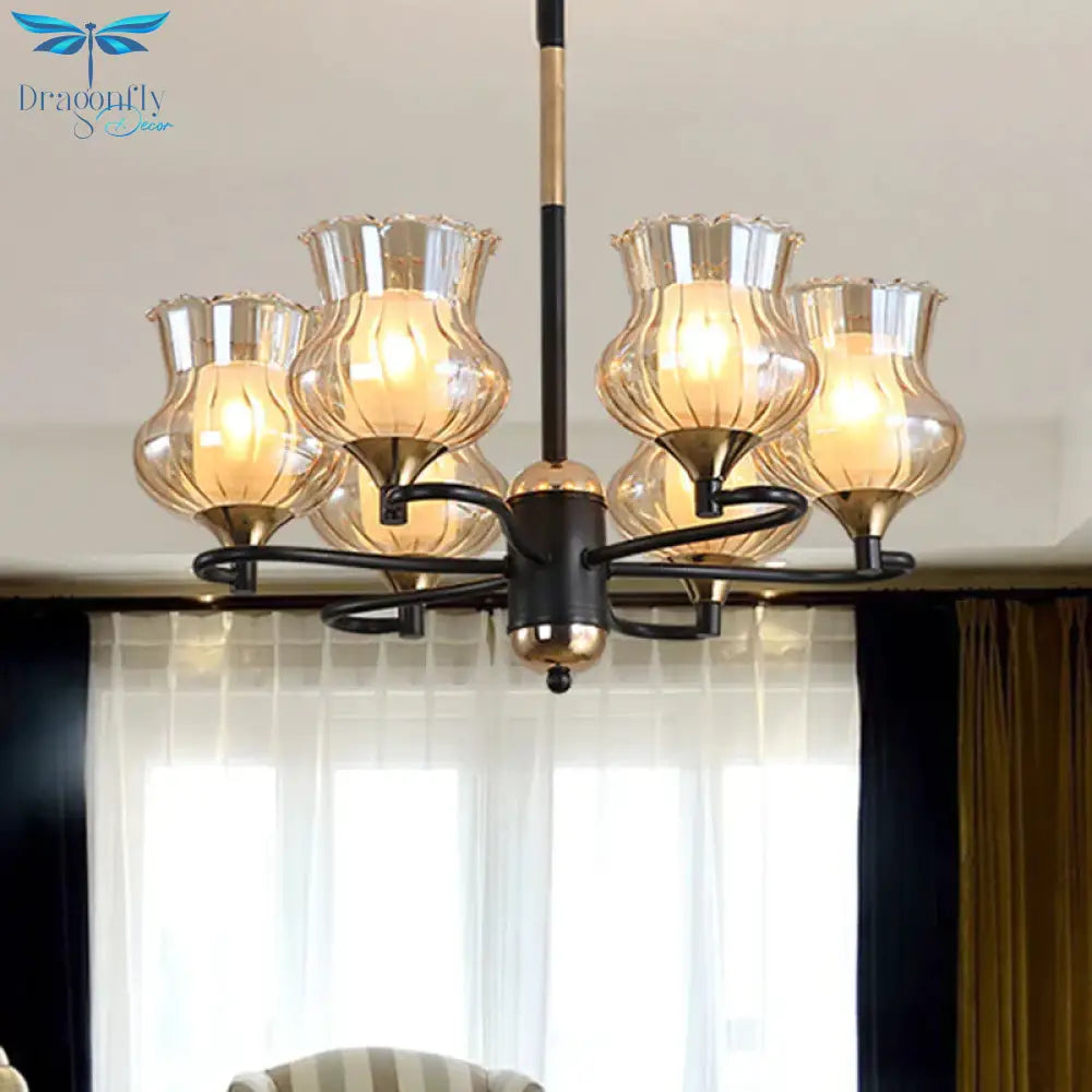 Sputnik Living Room Ceiling Chandelier Classic Tan Textured Glass 3/6/8 Lights Black Hanging Fixture