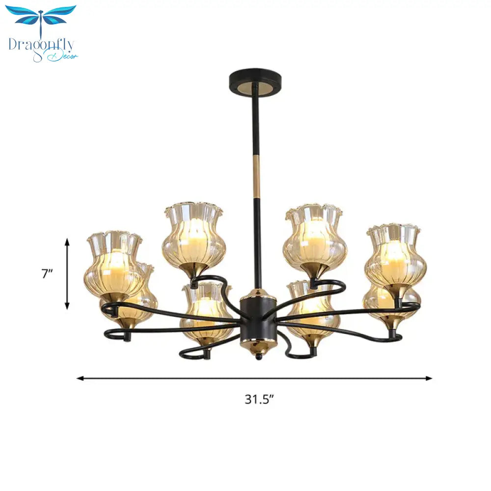 Sputnik Living Room Ceiling Chandelier Classic Tan Textured Glass 3/6/8 Lights Black Hanging Fixture