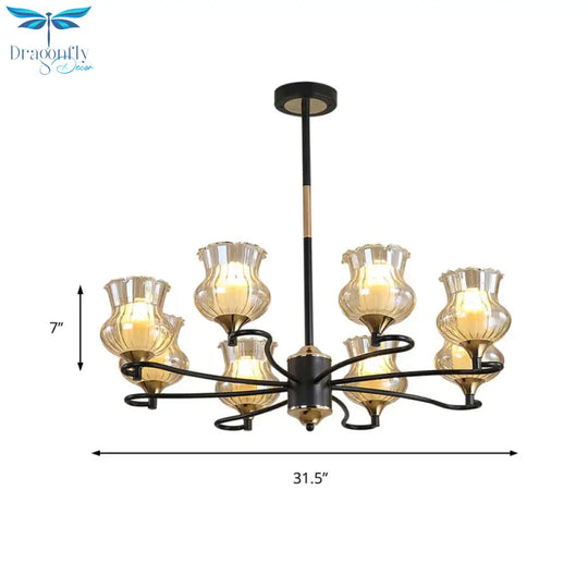 Sputnik Living Room Ceiling Chandelier Classic Tan Textured Glass 3/6/8 Lights Black Hanging Fixture