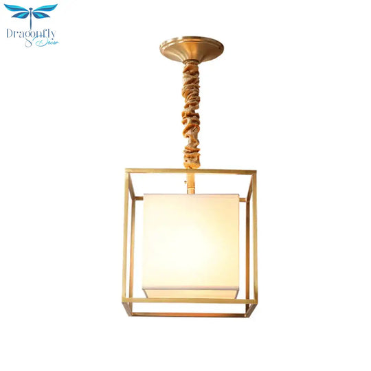 Square Fabric Chandelier Light Traditional 2/3/4 Lights Dining Room Ceiling Fixture With Gold Cubic