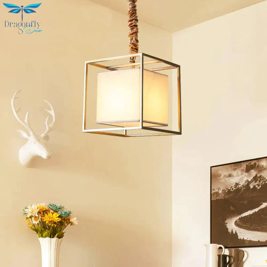 Square Fabric Chandelier Light Traditional 2/3/4 Lights Dining Room Ceiling Fixture With Gold Cubic