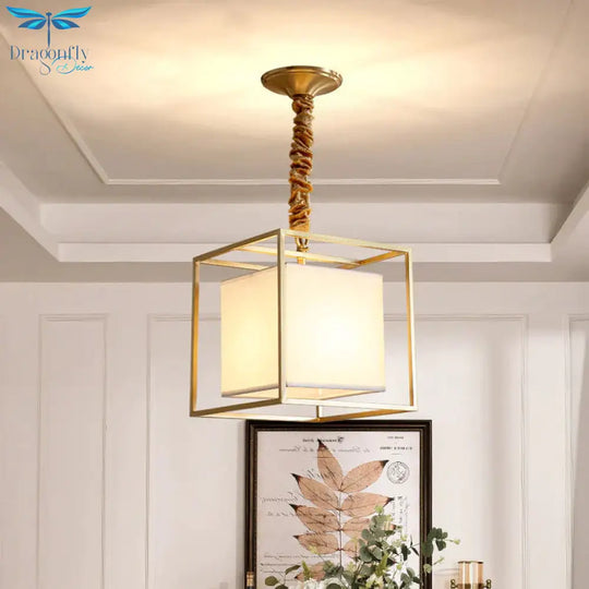 Square Fabric Chandelier Light Traditional 2/3/4 Lights Dining Room Ceiling Fixture With Gold Cubic