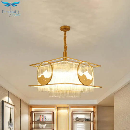 Square/Round Crystal Rods Drop Lamp Traditional 8 Lights Sitting Room Chandelier With Gold Frame