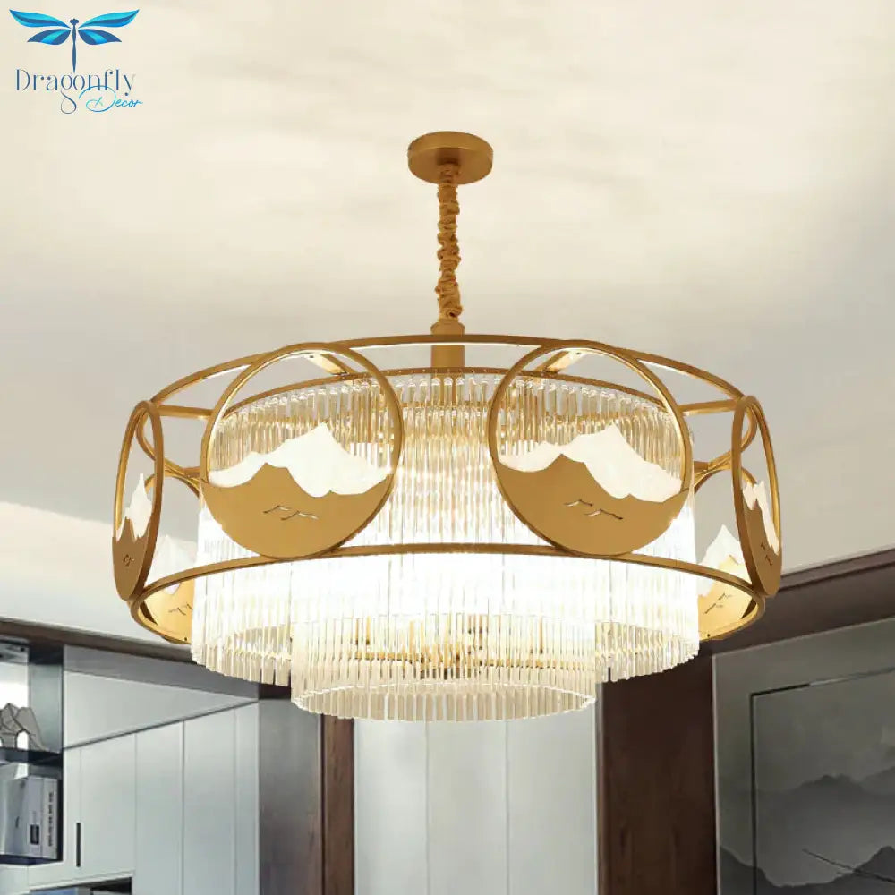 Square/Round Crystal Rods Drop Lamp Traditional 8 Lights Sitting Room Chandelier With Gold Frame