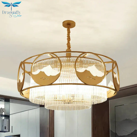Square/Round Crystal Rods Drop Lamp Traditional 8 Lights Sitting Room Chandelier With Gold Frame