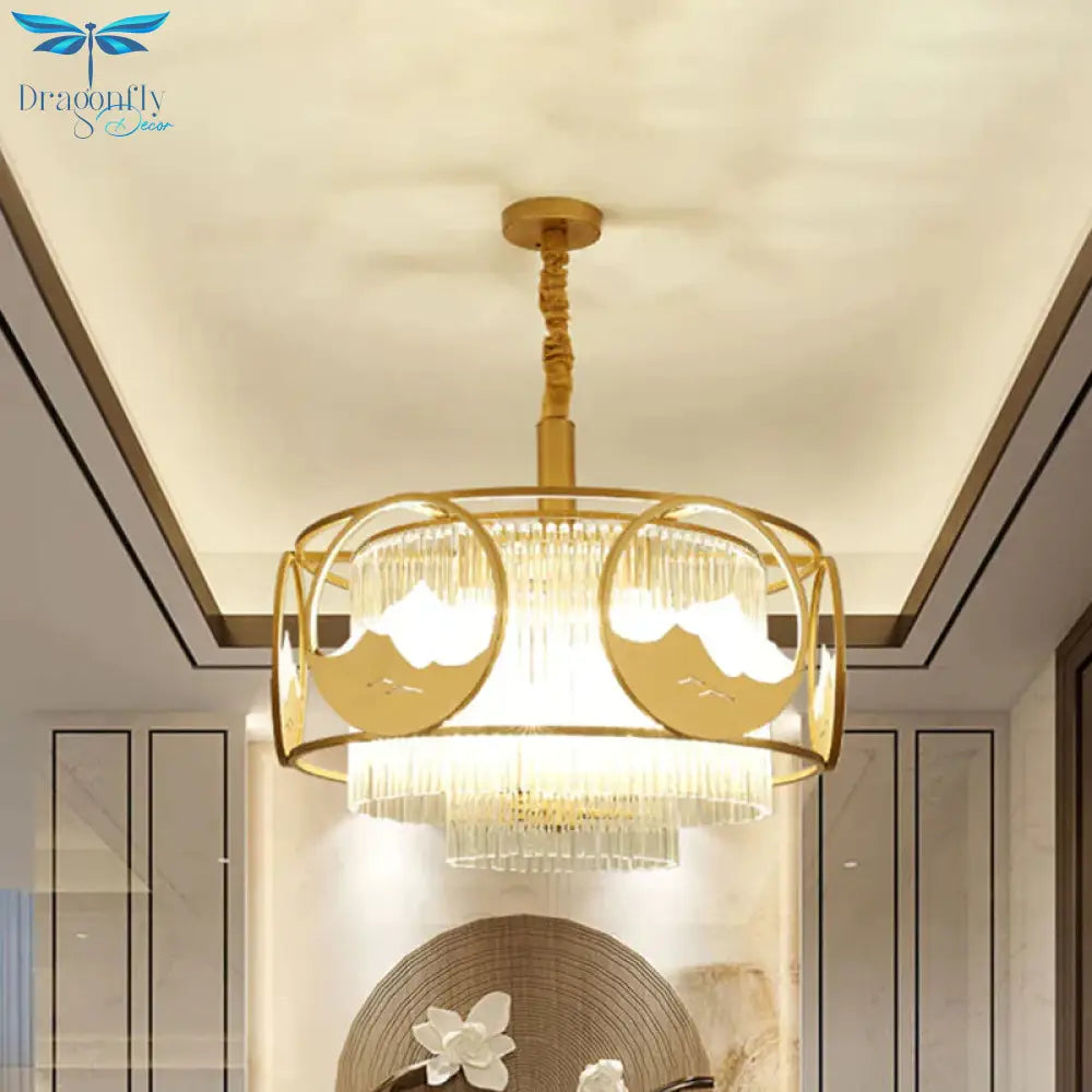 Square/Round Crystal Rods Drop Lamp Traditional 8 Lights Sitting Room Chandelier With Gold Frame