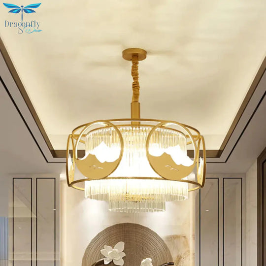 Square/Round Crystal Rods Drop Lamp Traditional 8 Lights Sitting Room Chandelier With Gold Frame