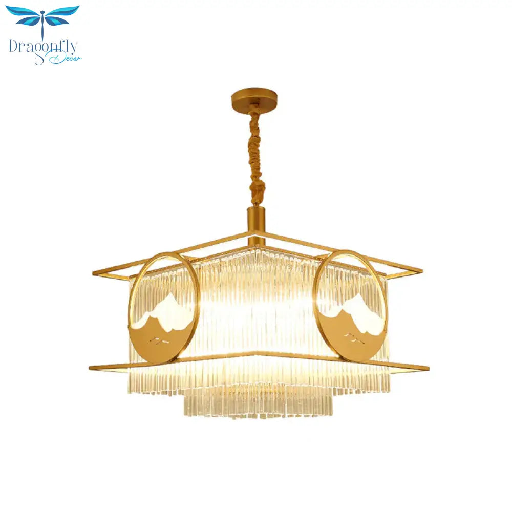 Square/Round Crystal Rods Drop Lamp Traditional 8 Lights Sitting Room Chandelier With Gold Frame