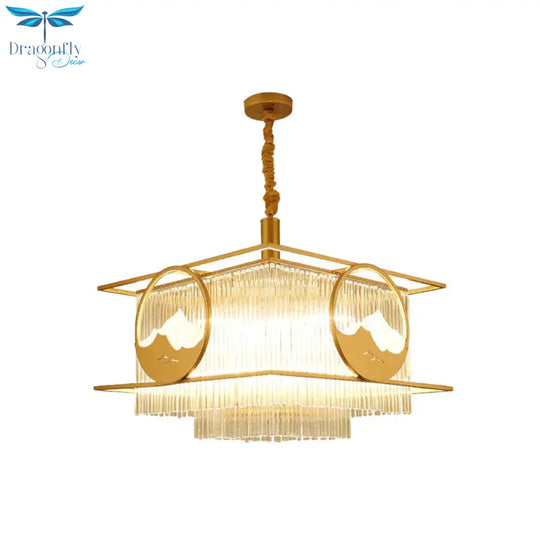 Square/Round Crystal Rods Drop Lamp Traditional 8 Lights Sitting Room Chandelier With Gold Frame