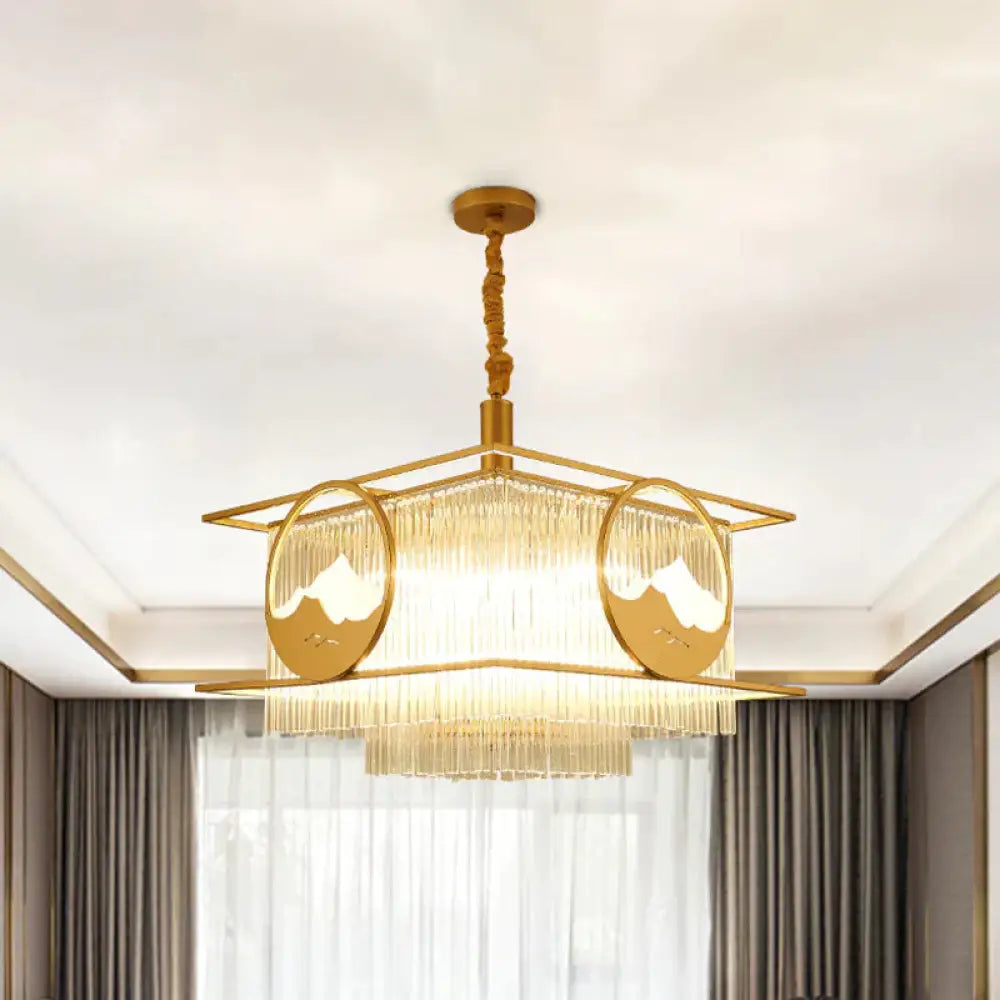 Square/Round Crystal Rods Drop Lamp Traditional 8 Lights Sitting Room Chandelier With Gold Frame /