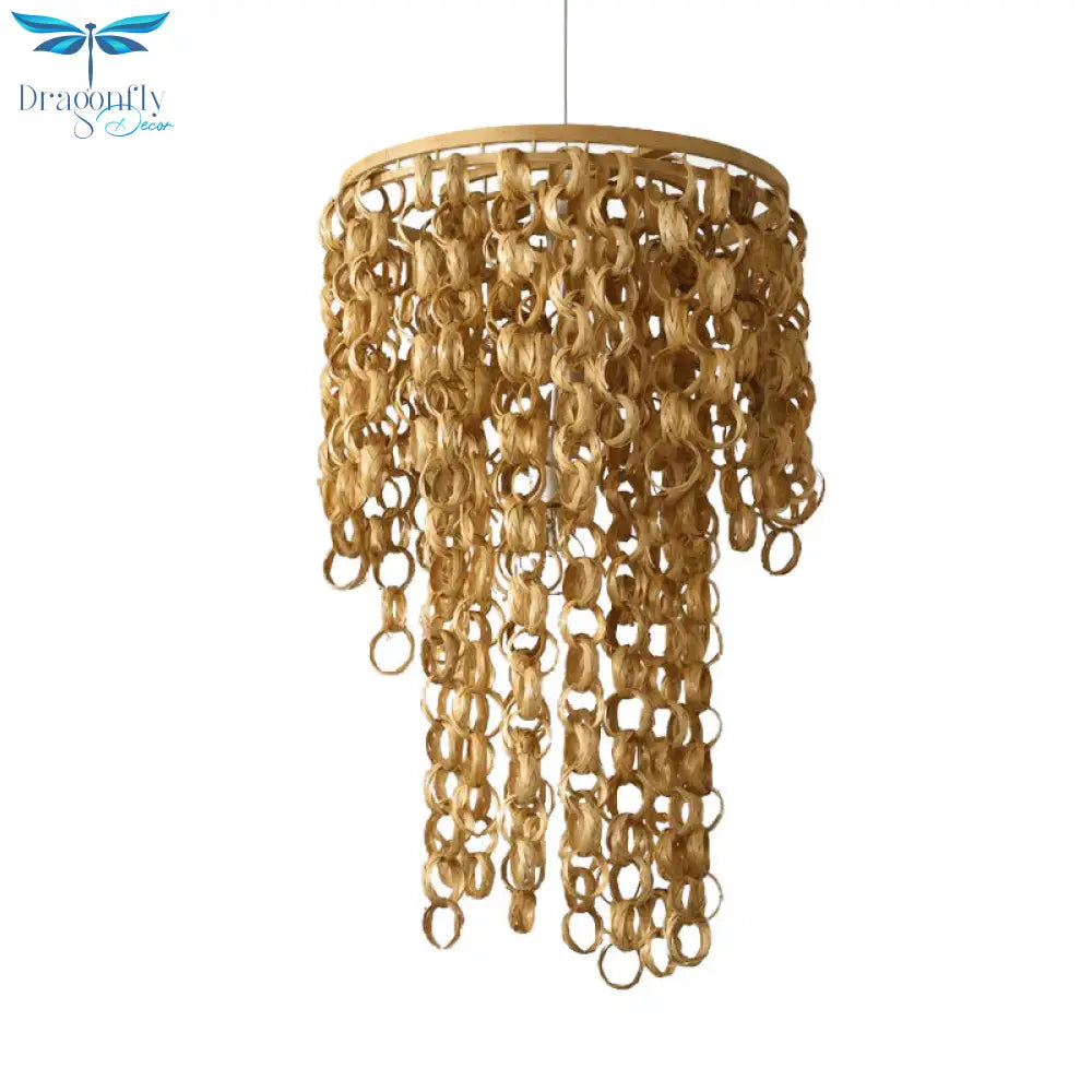 Square/Round Hanging Light With Waterfall Design Asia Bamboo Rattan 2 - Bulb Beige Chandelier