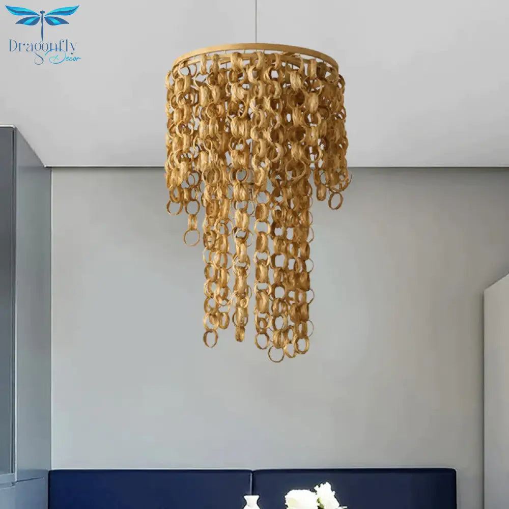 Square/Round Hanging Light With Waterfall Design Asia Bamboo Rattan 2 - Bulb Beige Chandelier