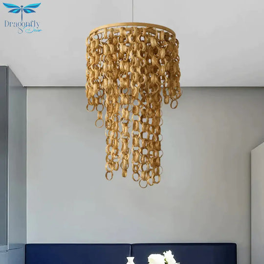 Square/Round Hanging Light With Waterfall Design Asia Bamboo Rattan 2 - Bulb Beige Chandelier