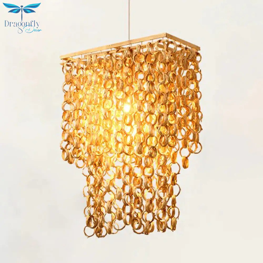 Square/Round Hanging Light With Waterfall Design Asia Bamboo Rattan 2 - Bulb Beige Chandelier