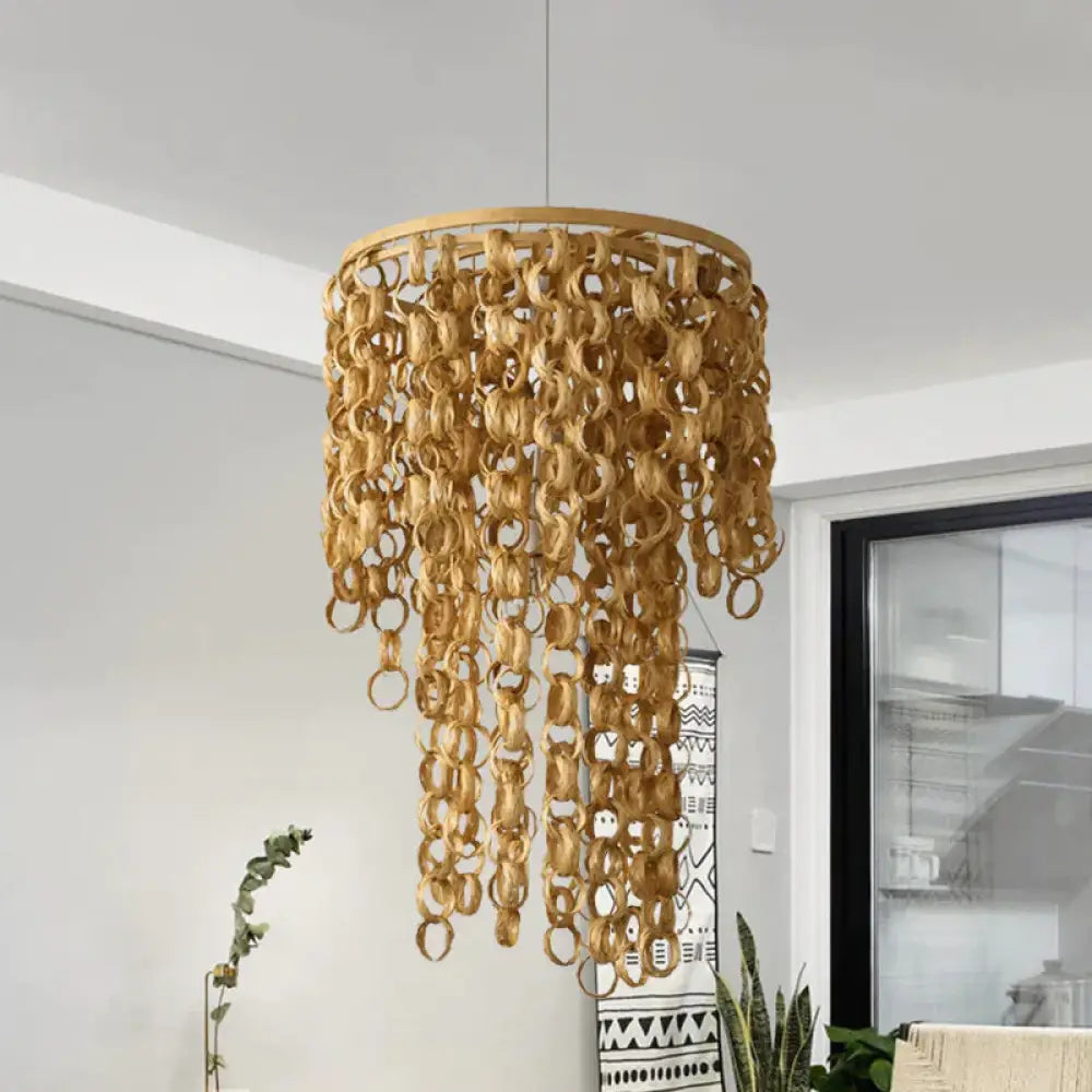 Square/Round Hanging Light With Waterfall Design Asia Bamboo Rattan 2 - Bulb Beige Chandelier