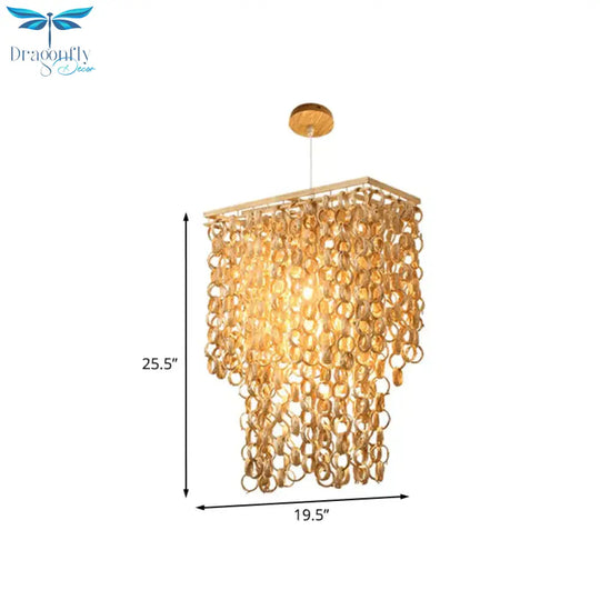 Square/Round Hanging Light With Waterfall Design Asia Bamboo Rattan 2 - Bulb Beige Chandelier