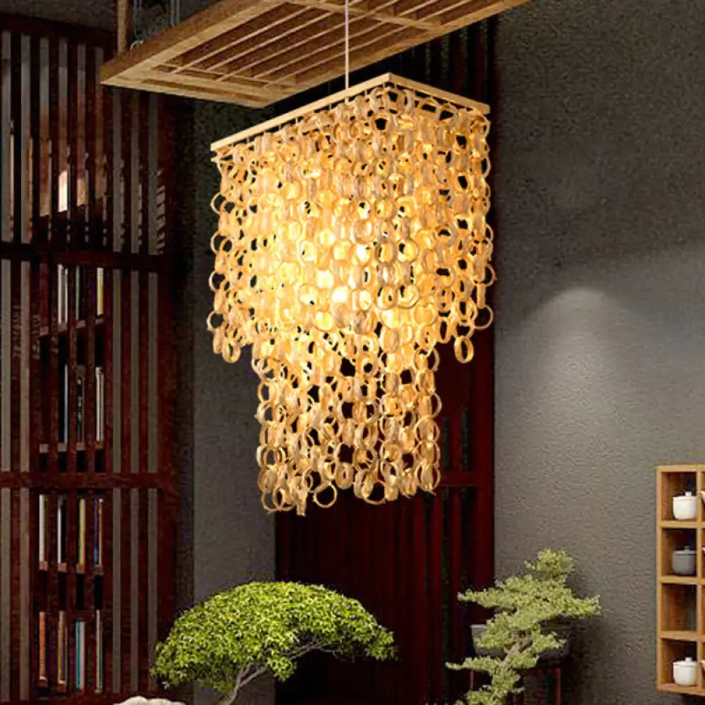 Square/Round Hanging Light With Waterfall Design Asia Bamboo Rattan 2 - Bulb Beige Chandelier