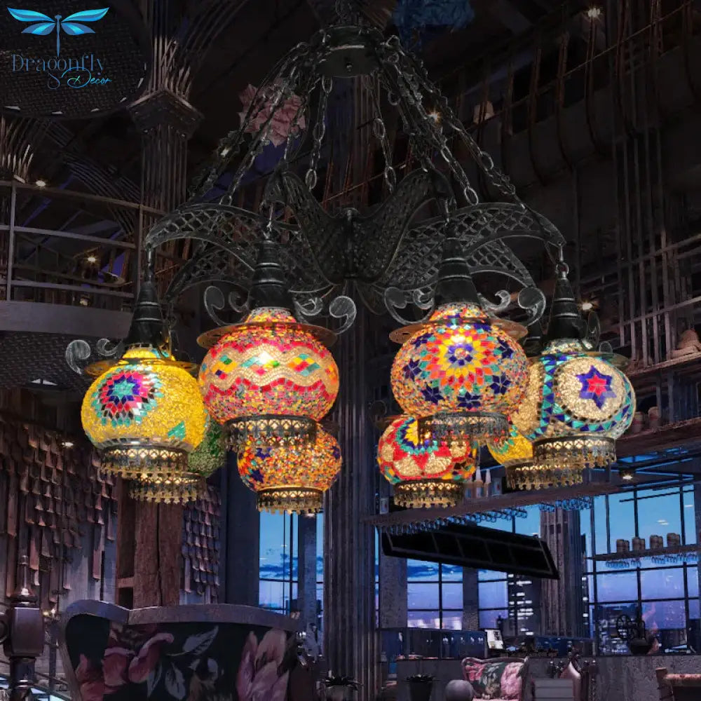 Stained Glass Black Hanging Chandelier Lantern 26’/33.5’ Wide 8 Bulbs Art Deco Down Lighting Pendant