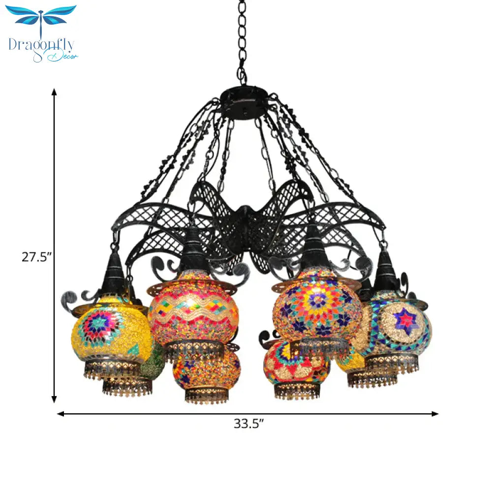 Stained Glass Black Hanging Chandelier Lantern 26’/33.5’ Wide 8 Bulbs Art Deco Down Lighting Pendant