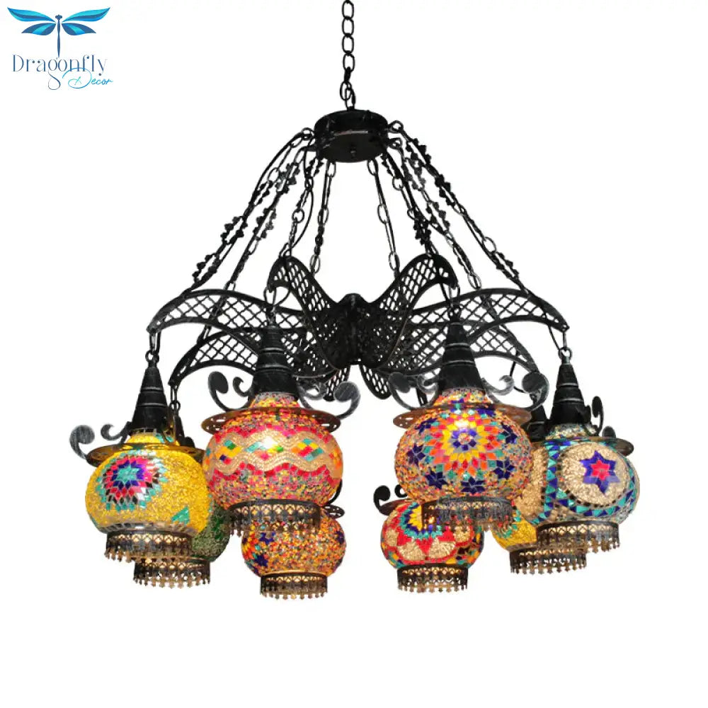Stained Glass Black Hanging Chandelier Lantern 26’/33.5’ Wide 8 Bulbs Art Deco Down Lighting Pendant