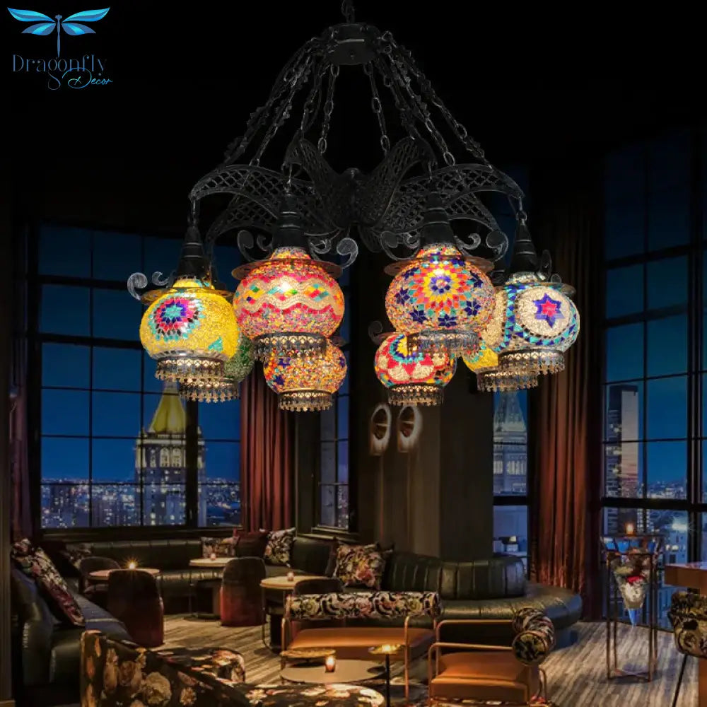 Stained Glass Black Hanging Chandelier Lantern 26’/33.5’ Wide 8 Bulbs Art Deco Down Lighting Pendant