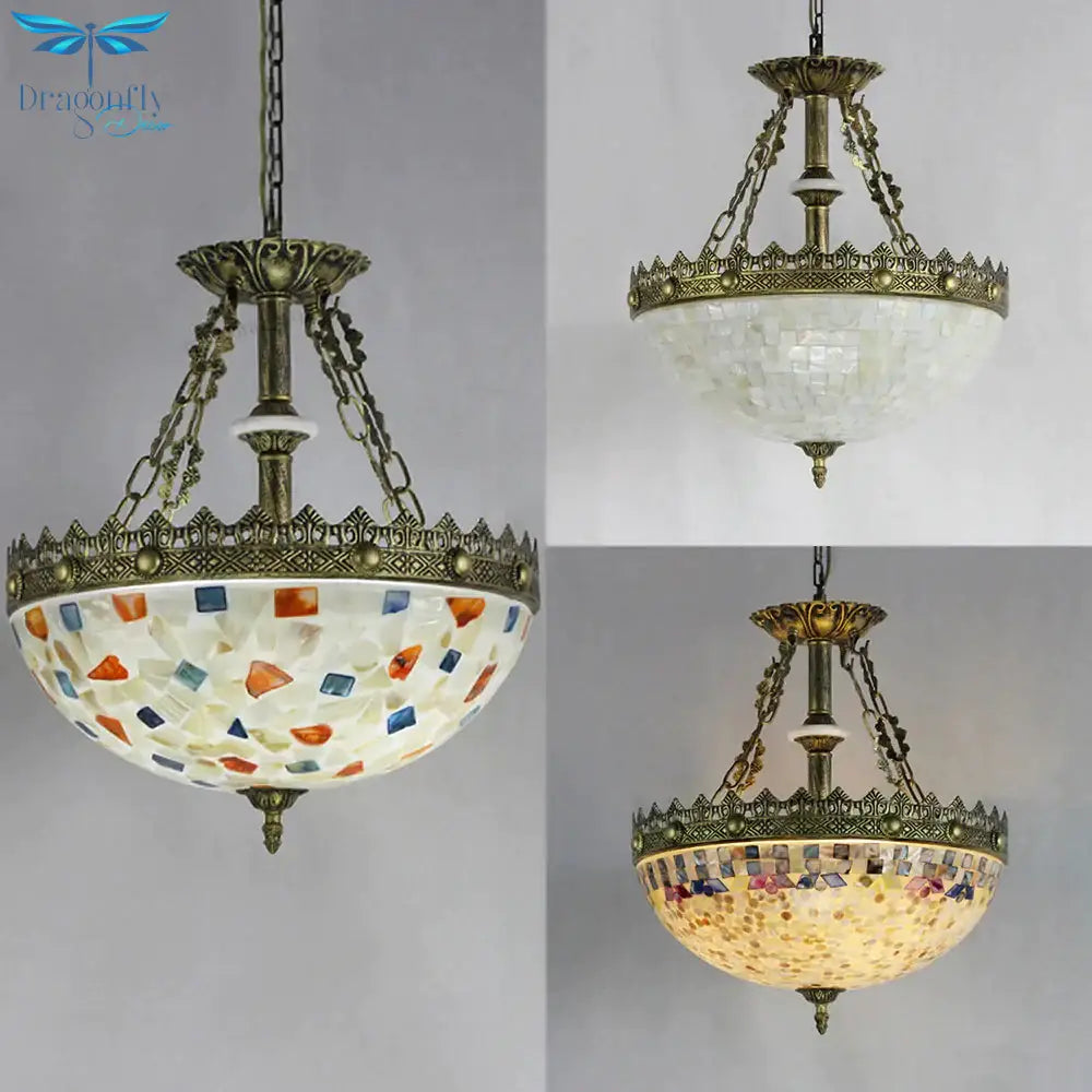 Stained Glass Bowl Pendant Light With Metal Chain Vintage Hanging Ceiling In White/Beige/Orange -