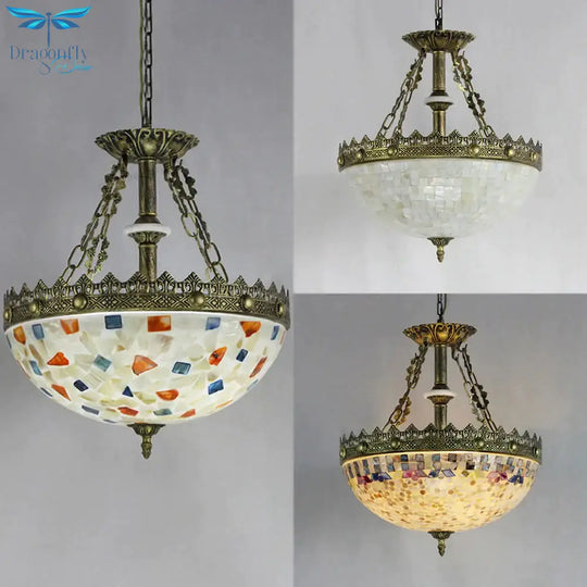 Stained Glass Bowl Pendant Light With Metal Chain Vintage Hanging Ceiling In White/Beige/Orange -