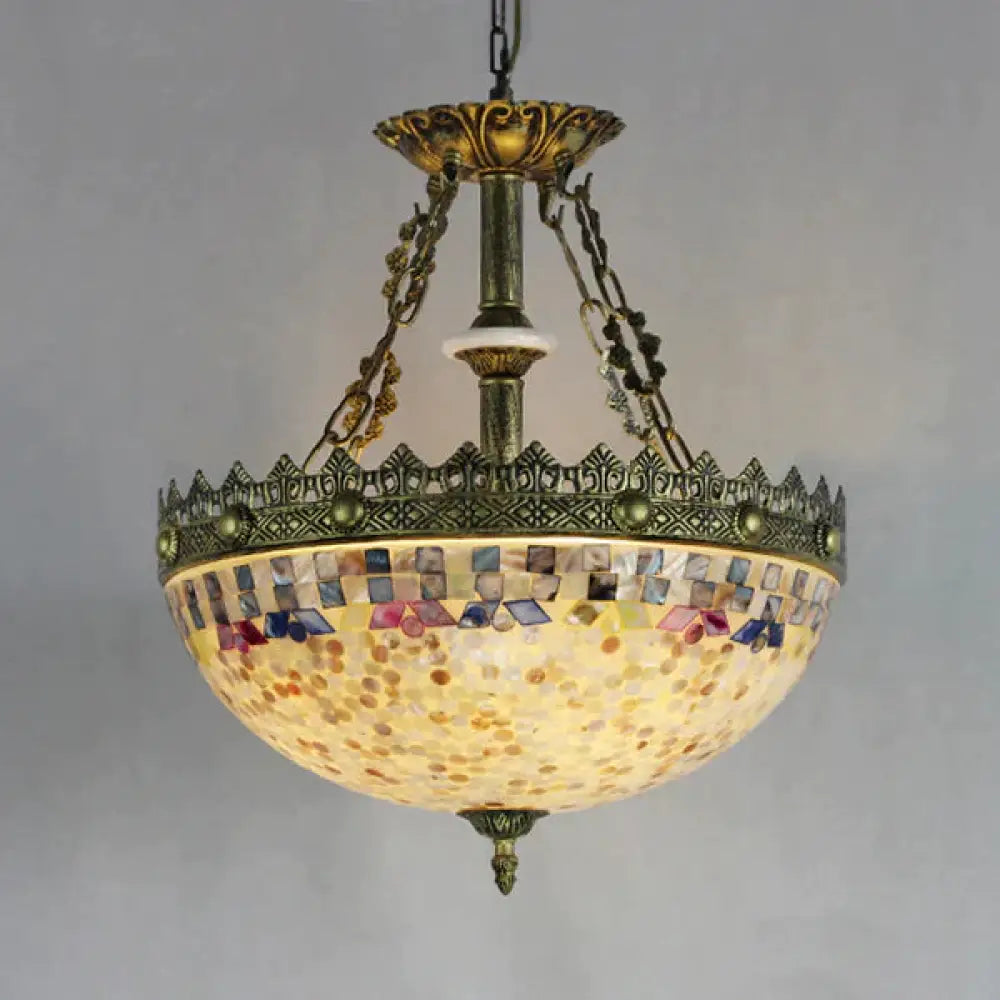 Stained Glass Bowl Pendant Light With Metal Chain Vintage Hanging Ceiling In White/Beige/Orange -
