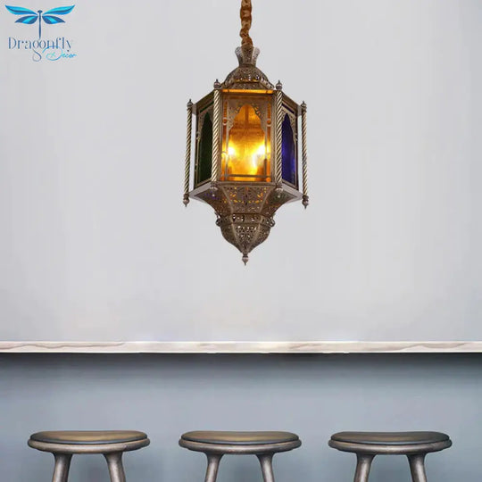 Stained Glass Brass Chandelier Lamp Lantern 3 - Head Ceiling Pendant Light For Restaurant