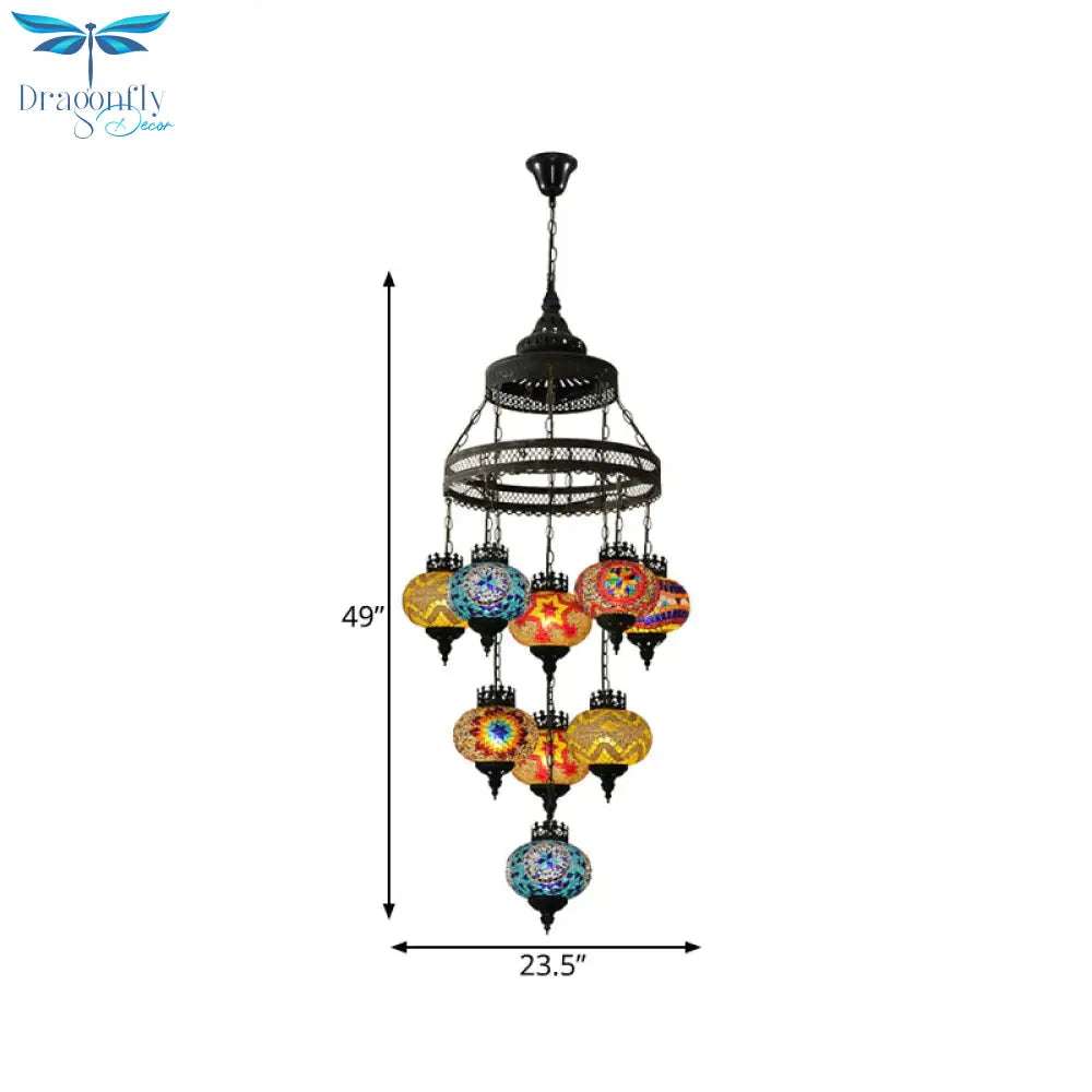 Stained Glass Lantern Pendant Lighting Bohemia Style 9 Bulbs Coffee House Ceiling Chandelier In