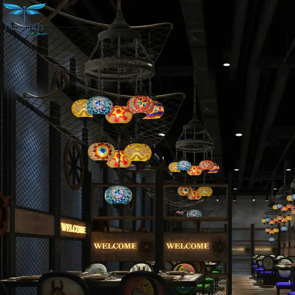 Stained Glass Lantern Pendant Lighting Bohemia Style 9 Bulbs Coffee House Ceiling Chandelier In